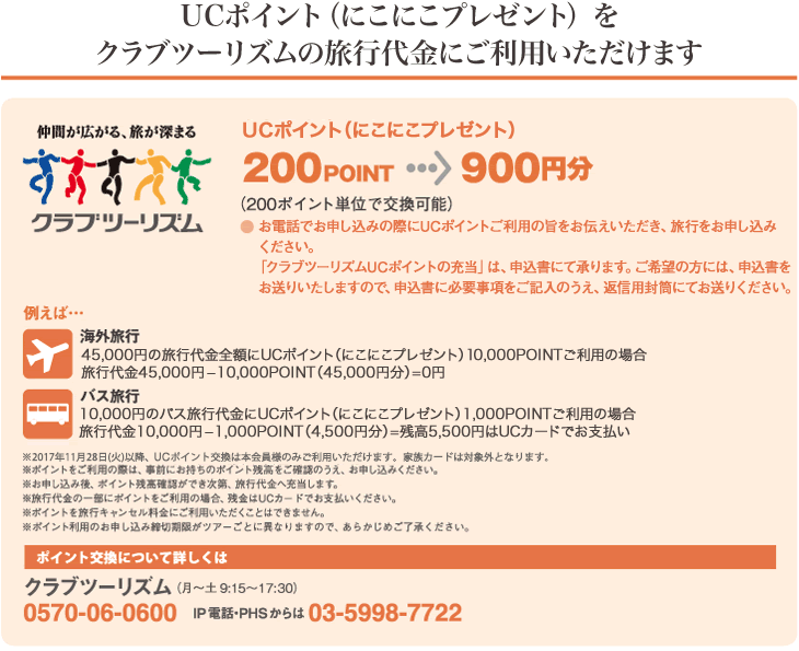 UCポイント（にこにこプレゼント）をクラブツーリズムの旅行代金にご利用いただけます UCポイント（にこにこプレゼント） 200 POINT　 900円分（200ポイント単位で交換可能）●お電話でお申し込みの際にUCポイントご利用の旨をお伝えいただき、旅行をお申し込みください。「クラブツーリズムUCポイントの充当」は、申込書にて承ります。ご希望の方には、申込書をお送りいたしますので、申込書に必要事項をご記入のうえ、返信用封筒にてお送りください。例えば…海外旅行45,000円の旅行代金全額にUCポイント（にこにこプレゼント）10,000POINTご利用の場合 旅行代金45,000円ー10,000POINT（45,000円分）＝0円 バス旅行 10,000円のバス旅行代金にUCポイント（にこにこプレゼント）1,000POINTご利用の場合 旅行代金10,000円ー1,000POINT（4,500円分）＝残金5,500円はUCカードでお支払い※ポイントをご利用の際は、事前にお持ちのポイント残高をご確認のうえ、お申し込みください。※お申し込み後、ポイント残高確認ができ次第、旅行代金へ充当します。※旅行代金の一部にポイントをご利用の場合、残金はUCカードでお支払いください。※ポイントを旅行キャンセル料金にご利用いただくことはできません。※ポイント利用のお申し込み締切期限がツアーごとに異なりますので、あらかじめご了承ください。ポイント交換について詳しくは クラブツーリズム 0570-06-0600　 IP電話・PHSからは 03-5998-7722（月～土 9:15～17:30）